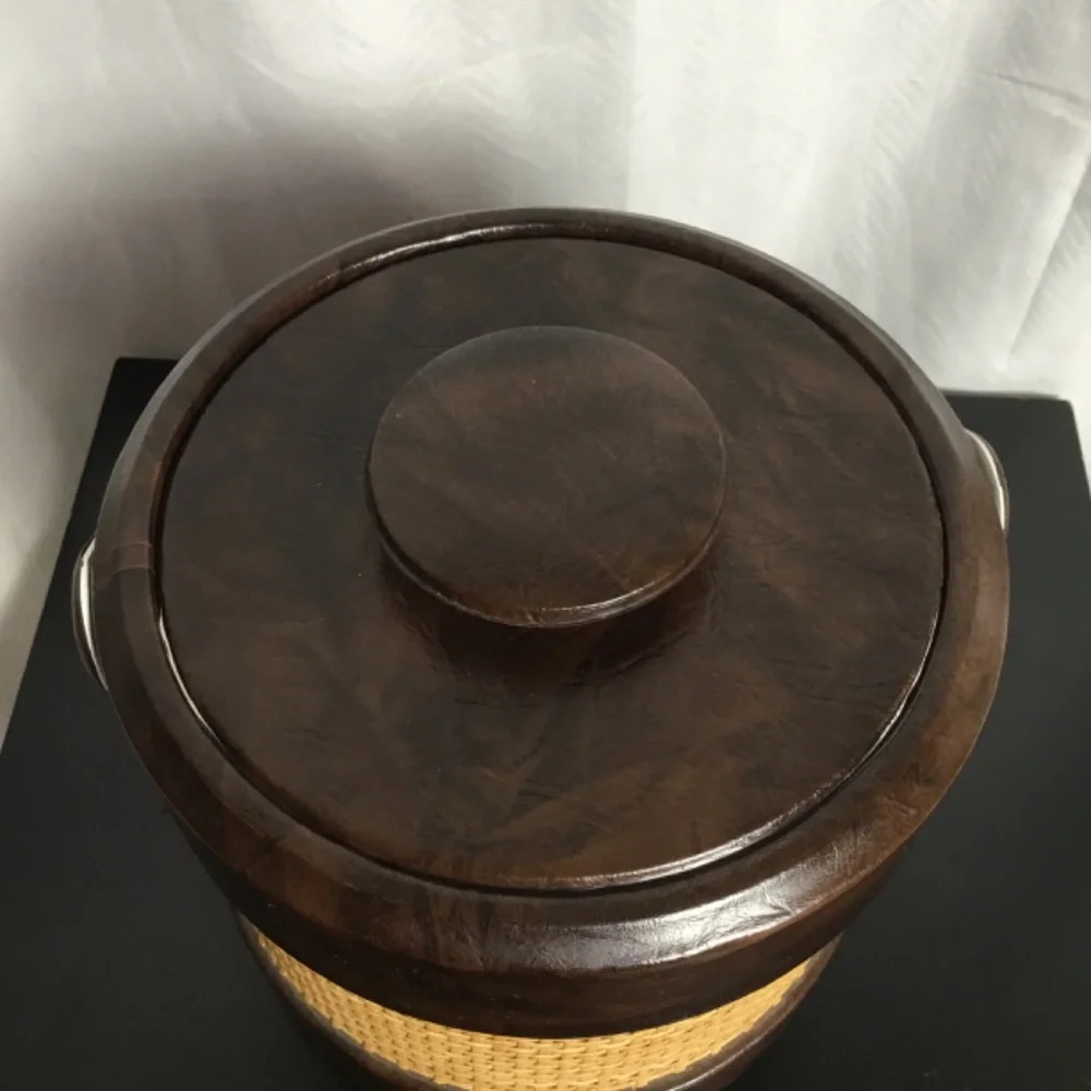 Vintage Mid Century Modern Ice Bucket Woven Sides Brown Faux Leather Trim Handle